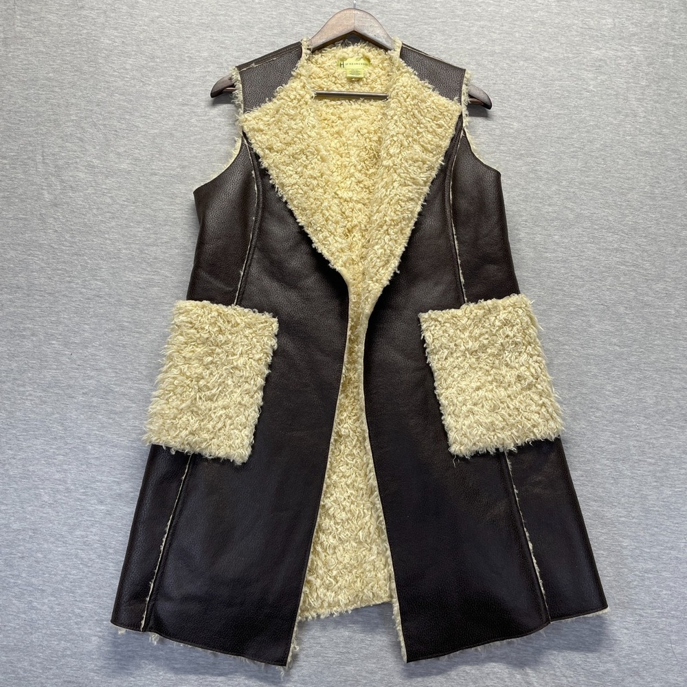 H by Heurueh Faux Suede Vest Womens S/M Black Cream Shearling Sherpa Open Front
